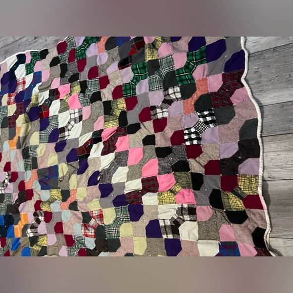 Vintage Handmade Patchwork Multicolor Quilt Cozy Winter Wool Antique Home Decor - Picture 4 of 14